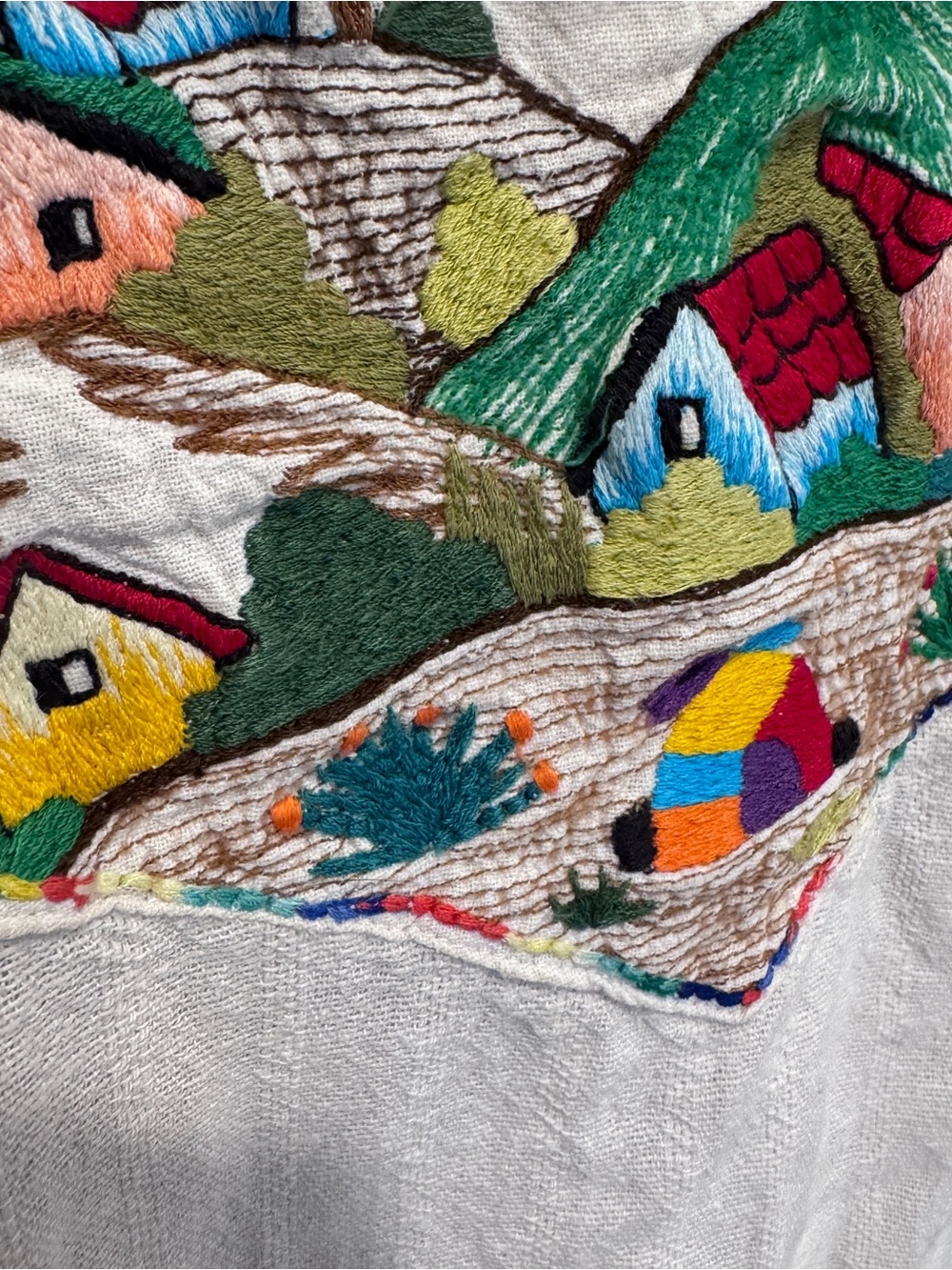 Hand-Embroidered Vintage Village Cotton Top in Cream with Multicolor Folk Art - Picture 4 of 6